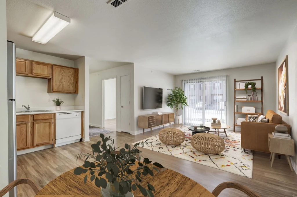Open living room with view into kitchen and dining