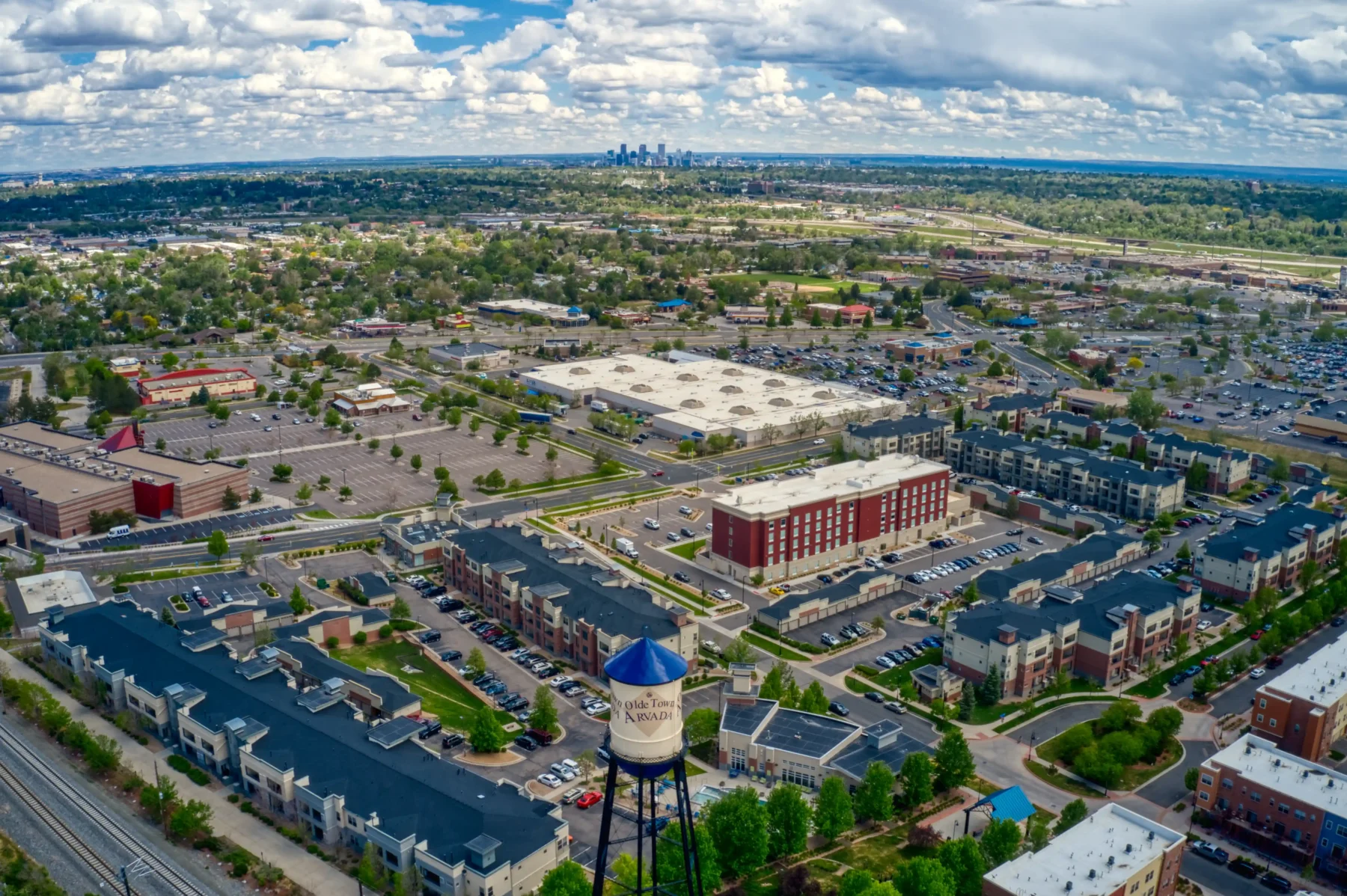 Aerial view of old town aravada Colorado with denver skyline in the distance